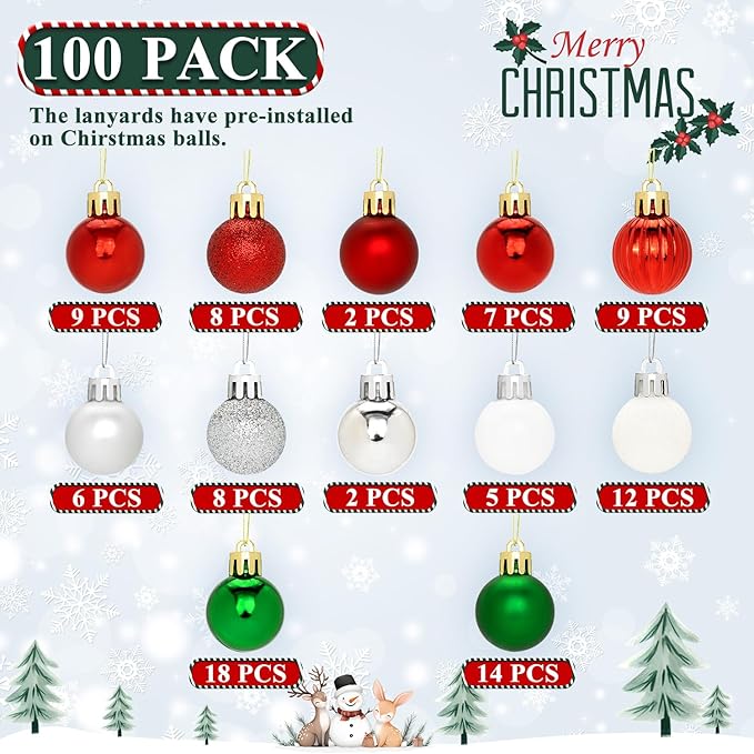 100 Pcs Mini Christmas Ball Ornaments Set, 1.18'' Red Green and White Small Shatterproof Xmas Tree Ornament Hanging Ball Bulk Decorations for Holiday Party, Wreath, Garland, Winter Decor