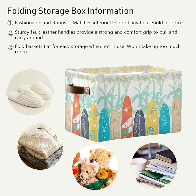 susiyo Large Foldable Storage Bin Palm Trees Surf Boards Fabric Storage Baskets Collapsible Decorative Baskets Organizing Basket Bin with PU Handles for Shelves Home Closet Bedroom Living Room-2Pack