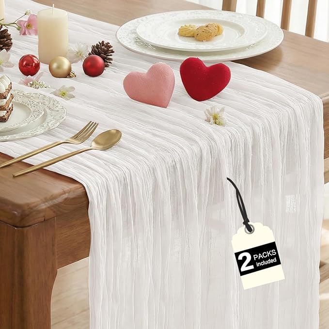 IVAPUPU 2 Pcs Cheesecloth Table Runner - 10ft Ivory White Boho Gauze Cheese Cloth Table Runners for Baby Shower Decoration Wedding Party Summer Garden Farmhouse Decor