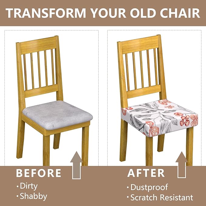 Stretch Dining Chair Seat Covers Set of 4,Dining Chair Slipcovers, Floral Printed Chair Covers,Soft Fabric Washable Upholstered Chair Seat Protector, No Rear Covers for Home Kitchen Dining Room