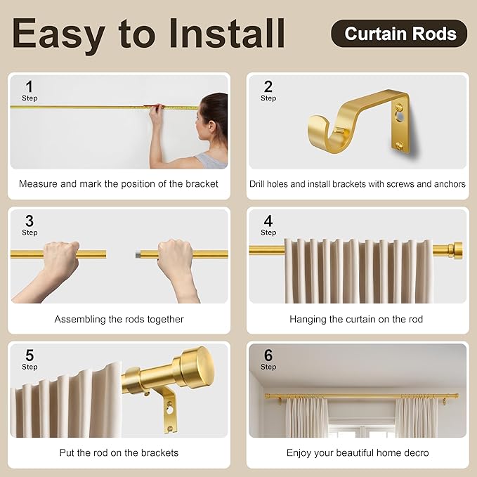 PORTRES Modern Gold Heavy Duty Curtain Rods for Windows 28 to 48 Inches Adjustable Length 1" Diameter Curtain Rod with Farmhouse Decorative Finials for Outdoor Bedroom Kitchen Living Room