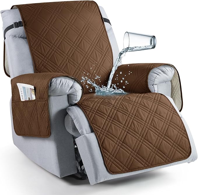 TAOCOCO 100% Waterproof Recliner Chair Covers, Non Slip Recliner Covers for Recliner Chair with Pocket, Washable Reclining Chair Cover Furniture Protector for Kids,Dogs(25'', Brown)