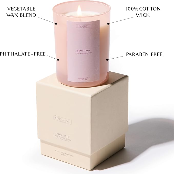 Benevolence LA Beach Rose Gift Box | Candle, Room Spray & Reed Diffuser | Rose & Sandalwood | Elegant Home Fragrance | Ready for Gifting Set | Thanksgiving Gifts for Women