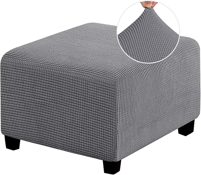 PrinceDeco Stretch Ottoman Cover Ottoman Slipcovers Square for Living Room Foot Stool Stretch Covers to Fit Ottoman Foot Rest, Thick Checked Jacquard Fabric with Elastic Bottom (Medium Size, Grey)