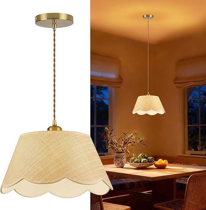 13" Gold Rattan Pendant Light, Modern Farmhouse Hanging Lamp with Scalloped Drum Shade, Vintage Coastal Boho Lighting Fixture for Kitchen Island, Dining Room, Bedroom, Living Room, Foyer