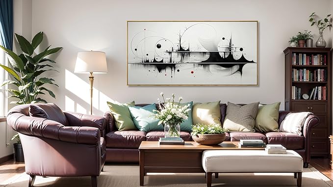 Wall Art Modern Artwork Black And White Canvas Painting Geometric Line Art Wall Decor for Living Room Bedroom Dining Room Home Office Decor 24"x48" with Framed