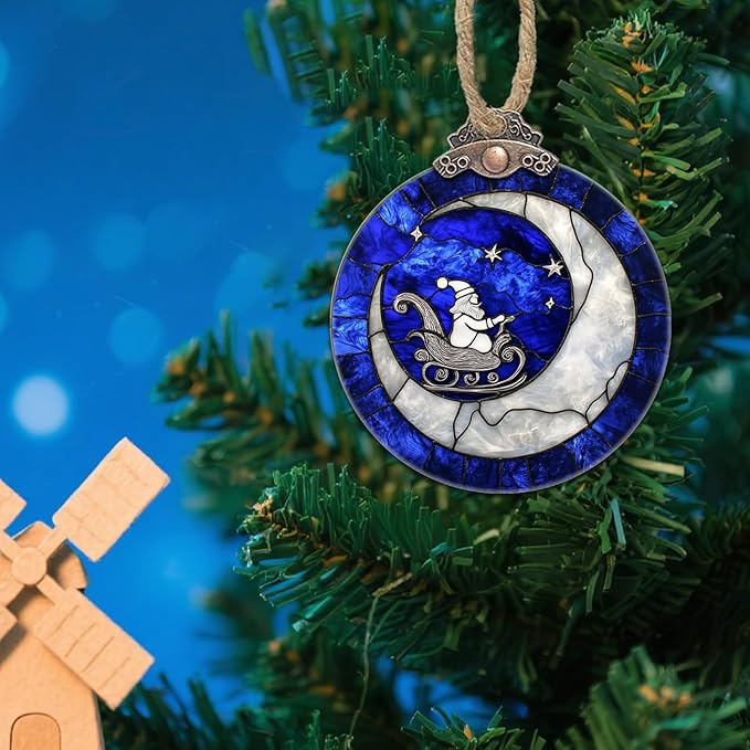 Stained Glass Christmas Decorations, Santa Claus On The Moon Suncatcher for Window Christmas Tree Hanging Ornaments Blue White Sun Catcher Xmas Decor Gifts for Women Men Mom Nana Friend