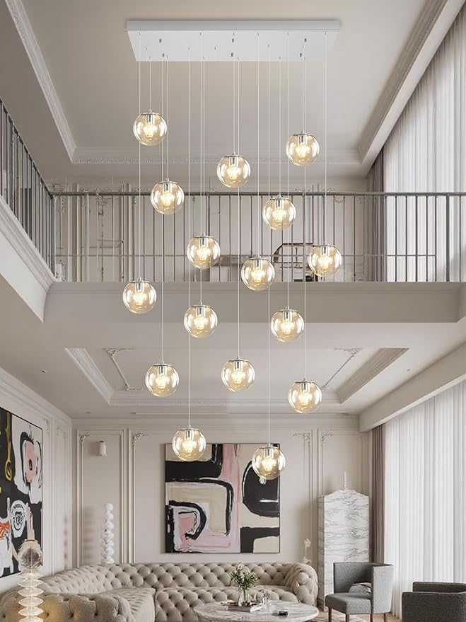 Glass Chandelier LED Modern Silver Pendant Light Globe Ceiling Light H157 Glass Ball Chandeliers for Staircase Living Room Hotel Hallway Foyer Entryway (16 Lights-Rectangle Chandeliers)
