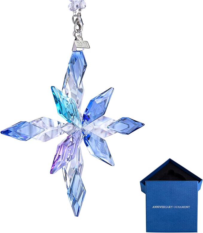 2025 Crystal Snowflake Ornaments Glass Christmas Star for Tree Window Hanging with Bead Chains and Ribbons