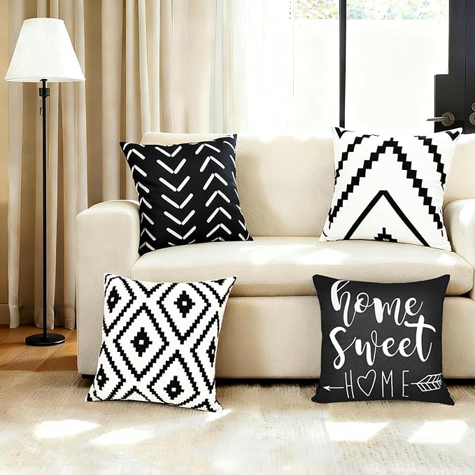 Decorative Throw Pillow Covers 16x16 inch Set of 4 Black White Pillow Covers for Couch Sofa Bed Living Room,Farmhouse Outdoor Throw Pillow Cover,Geometric Linen Square Throw Pillow Cases