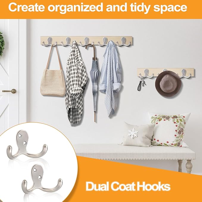 20 Pack Coat Hooks Wall Hooks for Hanging, Heavy Duty Double Prong Metal Hook Wall Mounted for Living Room, Bathroom, Kitchen, Bedroom for Coat, Bag, Scarf, Towel, Hat, Key, Cup (Silver)