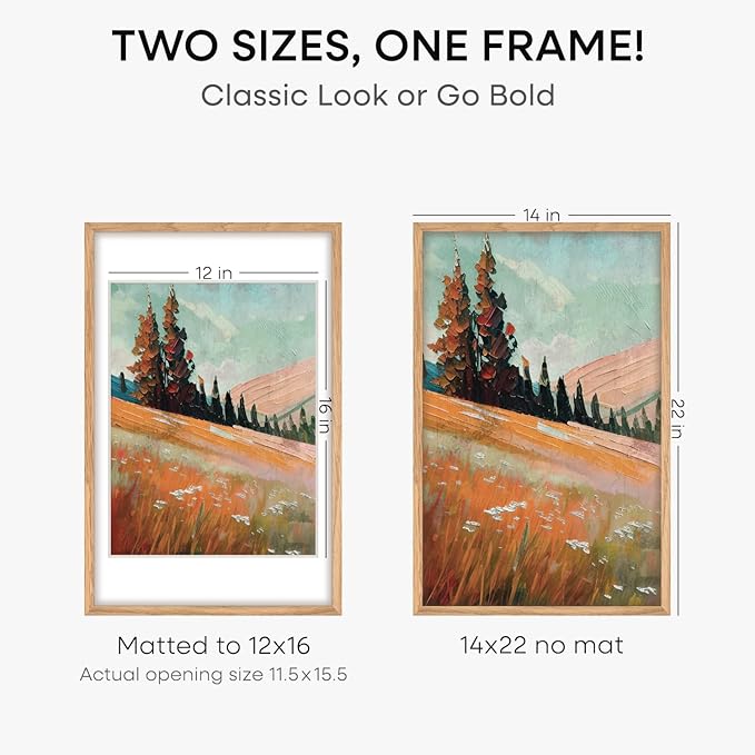 Homeforia 14x22 Picture Frame Wood, High End Natural Oak 14x22 Light Wooden Poster Frame with Mat 12x16, 14 x 22 Frames Matted to 12 x 16 Photo, 22x14 Hanging Frame, Tempered Glass, Wall Kit, Set of 1