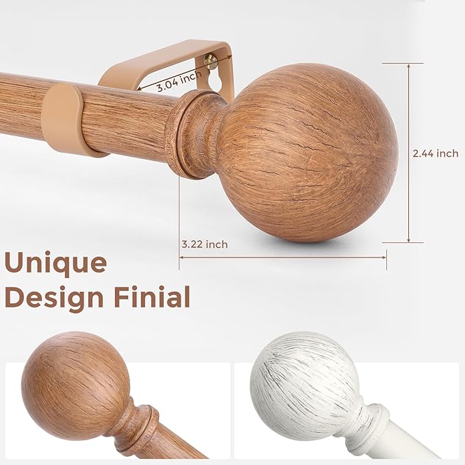 2 Pack Wood Curtain Rods for Windows 30 to 56 Inch, 1 Inch Boho Decorative Vintage Drapery Rod with Faux Wooden Grain Finial, Adjustable Heavy Duty Rustic Farmhouse Spliced Metal Curtain Pole