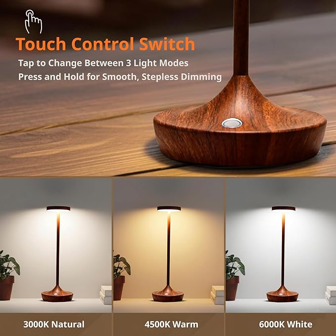 Cordless Table Lamp Rechargeable - 6000mAh LED Battery Operated Table Light - Portable Touch Dimmable Outdoor Waterproof Table Lamps for Patio Bar Restaurant Dining (2 Woodgrain)