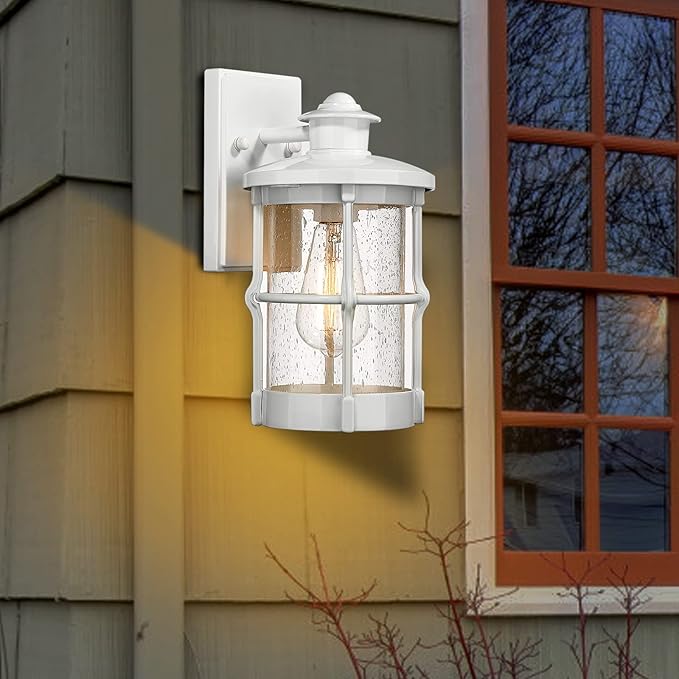 Outdoor Wall Sconces, Outdoor Wall Lights, Exterior Wall Mount Lighting, Modern Wall Light Fixture in White Finish with Seeded Glass for Front Porch, Entryway, Garage, Backyard, 2 Pac