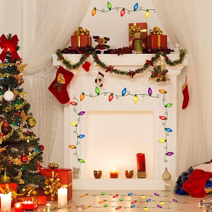 4 Sheets Christmas Wall Decals PVC Merry and Bright Stickers Christmas Bulb Lights Wall Stickers Party Supplies Window Clings Door Fridge Holiday Xmas Wall Decoration