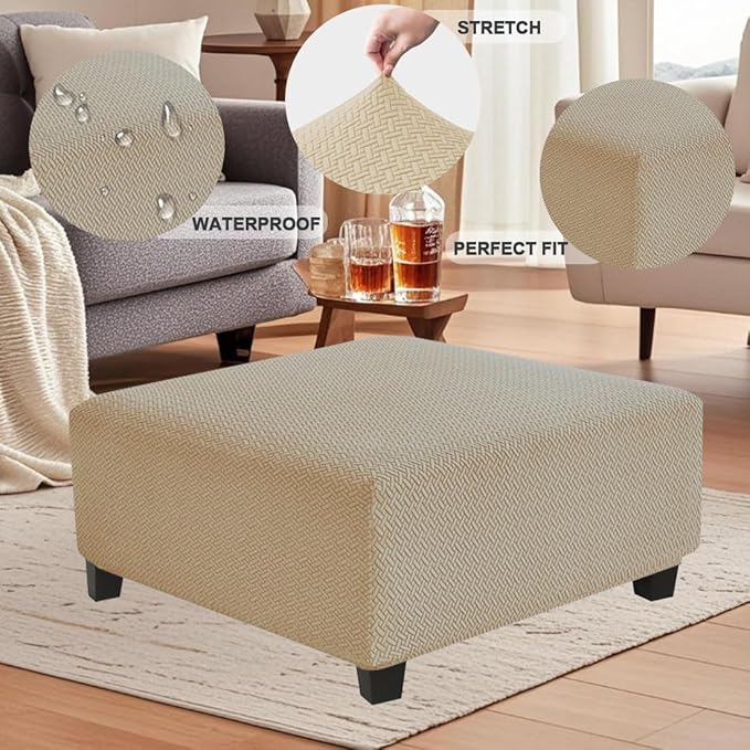 Levoberg Waterproof Square Ottoman Cover Large Square Folding Storage Ottoman Bench Slipcovers Footrest Stool Covers Oversized Ottoman Coffee Table Covers Cube with Elastic Bottom XL Sand