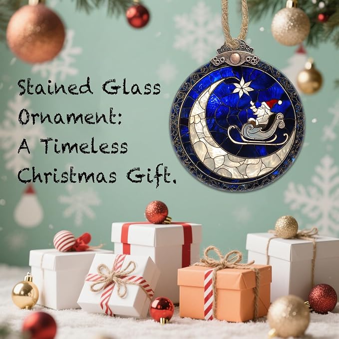 Stained Glass Christmas Decorations, Blue Starry Sky Moon Suncatcher for Window Christmas Tree Hanging Ornaments Santa Claus Sun Catcher Xmas Decor Gifts for Women Men Mom Nana Friend