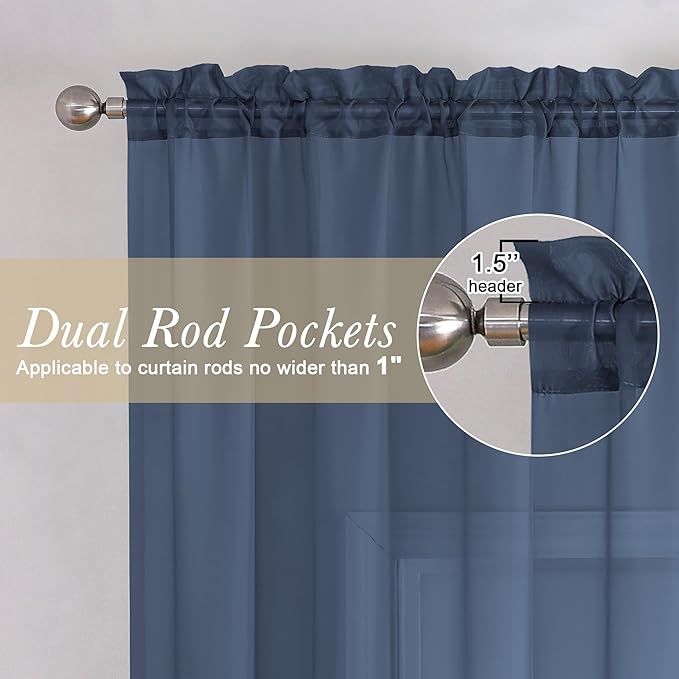 Lecloud Navy Blue Sheer Curtains 90 Inches Long 2 Panels, Light Filtering Voile Airy Curtains, Balance Light Privacy Window Treatments with Dual Rod Pocket for Bedroom Laundry Room, Each 42" W x 90" L