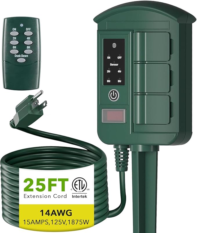 BN-LINK Outdoor Power Strip with 25FT Extension Cord, Remote Control Dusk to Dawn Light Timer Waterproof, 6 Grounded Outlets for Christmas Lights & Decorations, 15A/1875W ETL