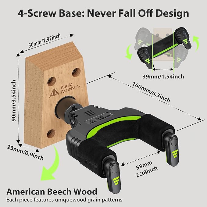 Guitar Wall Mount Autolock - Nitro Friendly Velvet Hook, Never Fall Off Design 4-Screw Beech Wood Locking Guitar Wall Hanger for Bass, Acoustic, Classical, Electric, 8 String Guitar