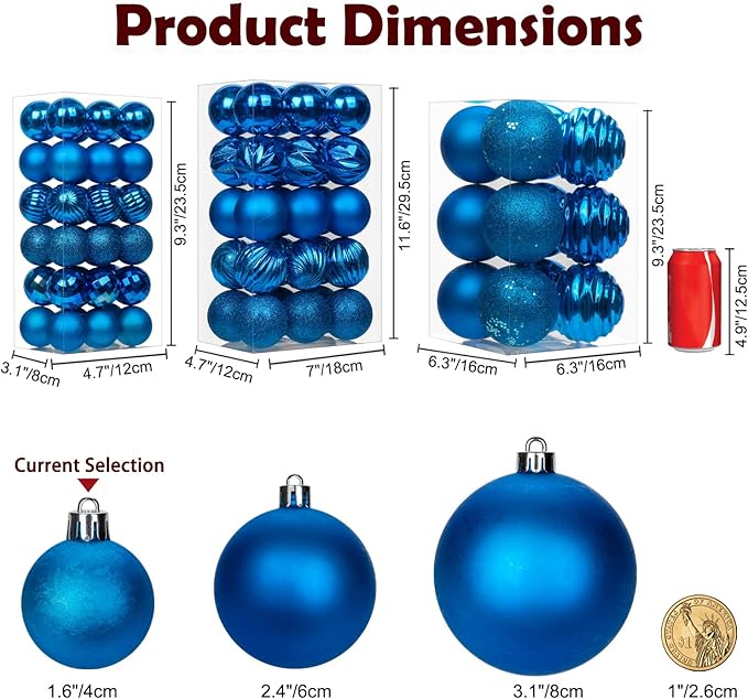 1.57" Blue Christmas Ornaments for Christmas Tree 36 Pcs Mini Shatterproof Balls Christmas Tree Decorations Small Xmas Ornaments Balls with Hanging Loop for Wedding Holiday Party Wreath Home Decor
