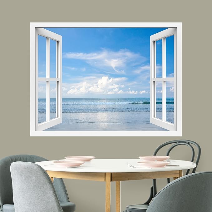 wall26 Removable Wall Sticker/Wall Mural Window View Bright Blue Cloud Sky Ocean Sea Horizon Wilderness Nature Photography Realism Rustic Landscape Colorful for Living Room, Bedroom, Office - 36"x48"