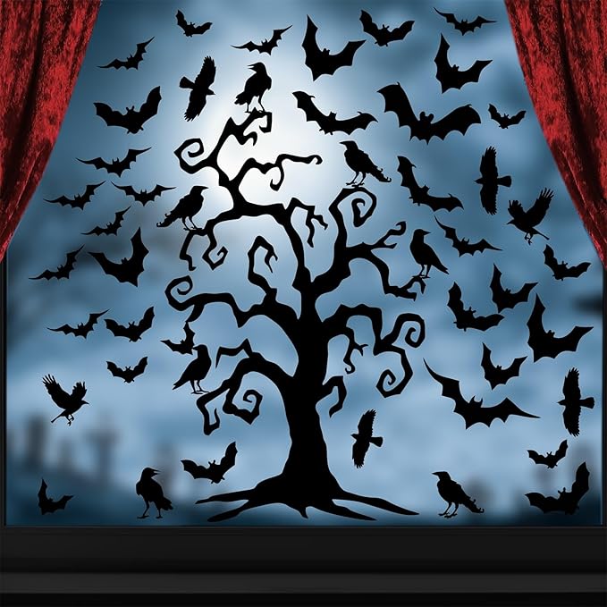 Giant Halloween Window Decals Bats Stickers Halloween Tree Window Stickers Halloweens Wall Decor Decals Peel and Stick Black Crow Branch Vinyl Sticker for Haunted House Party Supplies Windows Decor