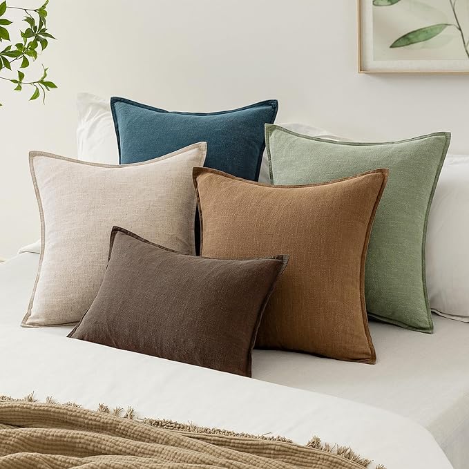 EMEMA Decorative Linen Throw Pillow Covers 18x18 Inch Grass Green Boho Farmhouse Neutral Couch Throw Pillows for Bed Pack of 2 Accent Pillowcase Modern Sofa Cushion Livingroom Home