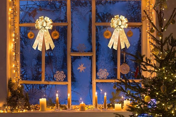 Hying Large LED Christmas Bows for Wreath, Merry Christmas Wreath Bow Champagne Velvet Bows with LED Lights Xmas Tree Topper Bows for Front Door Happy New Year Christmas Party Decoration Supplies