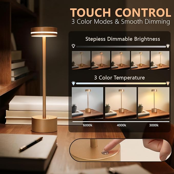 Cordless Table Lamp Rechargeable, Touch Desk Lamp - 5000mAh Battery, 3 Color Dimmable Led Light, Small Portable Aluminum Light for Outdoor/Patio/Dining/Tabletop/Bar/Office, Home Decor