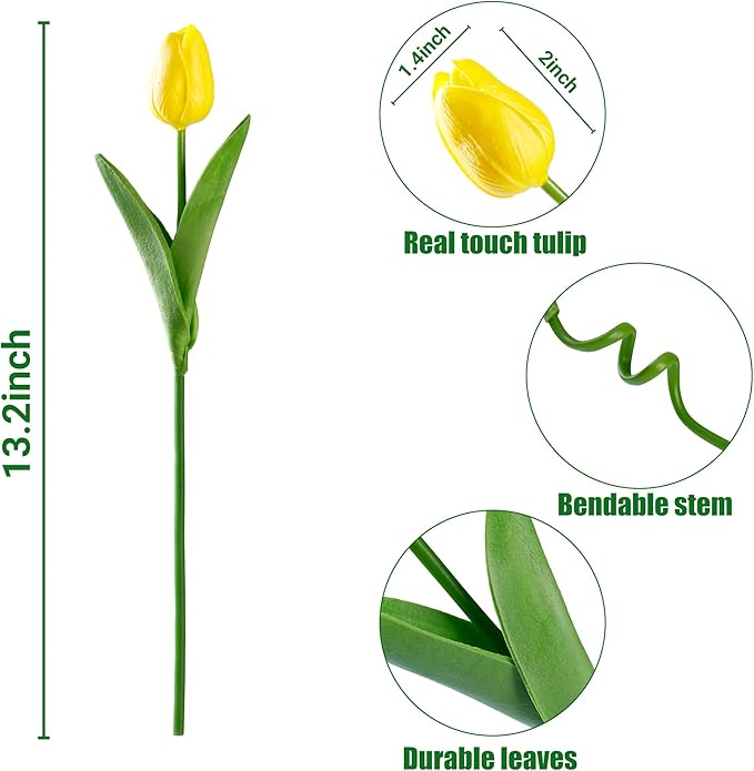Sggvecsy 30 Pcs Fake Tulips Artificial Flowers Real Touch PU Faux Flowers Tulip Stems for Wedding Spring Bouquet Floral Arrangement Home Party Office Decorations for Mother's Day (Yellow)