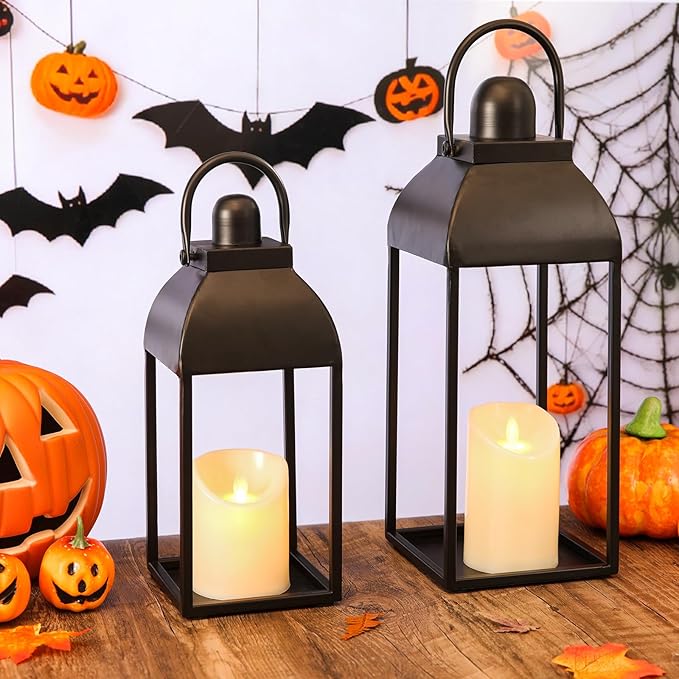 Lanterns Decorative Outdoor Indoor, Black Metal Outdoor Lanterns, 17'' 13'' Set of 2 Modern Farmhouse Candle Lantern Decor Rustic Lanterns Centerpieces for Patio, Front Porch, Mantel, Wedding