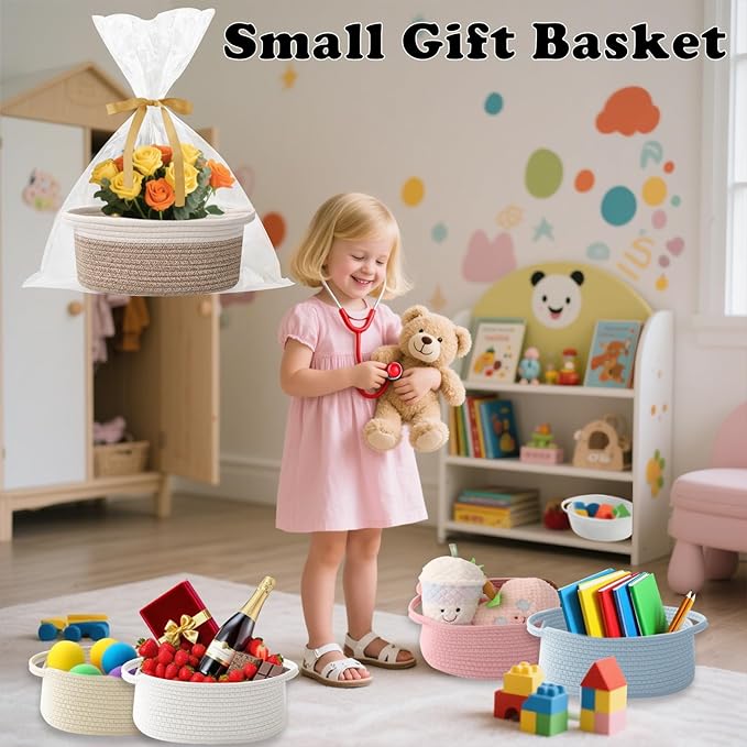 Small Woven Rope Basket-Empty Gifts Basket with Bag and Ribbons,Cute Handle Organizer Box for Birthday/Baby Shower, Toy Storage, Nursery Organizing & Shelf Decor(White&Mixed Brown)