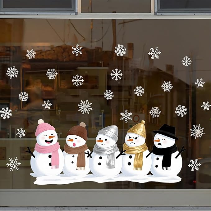 Snowman Wall Decals for Winter | Peel and Stick Christmas Decorations – Removable Holiday Snowflake Wall Stickers for Home, Living Room, Windows, Office, or Seasonal Décor – 5 Snowmen Design