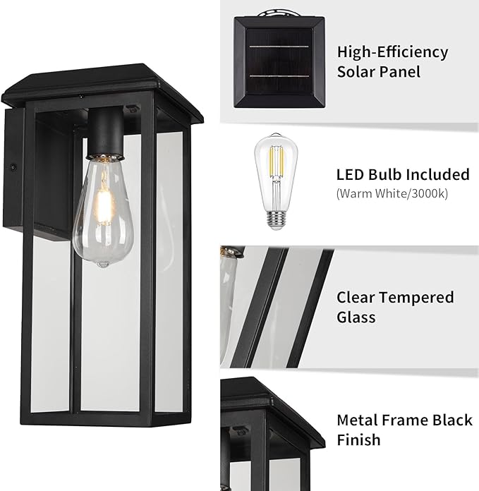Solar Outdoor Wall Sconce Lights, Exterior Wall Light Fixtures Solar Powered, Anti-Rust Modern Contemporary Black Outside Lantern Lamps with Clear Glass for House Porch Doorway Patio,RZSR008A-2