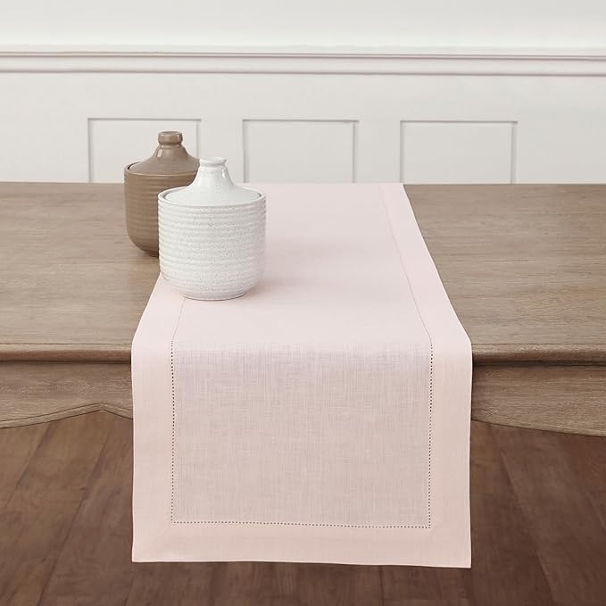 Solino Home Linen Pink Table Runner 144 Inches Long - 100% Pure Linen Extra Long Table Runner 14 x 144 Inch for Valentines, Spring, Easter - Classic Hemstitch