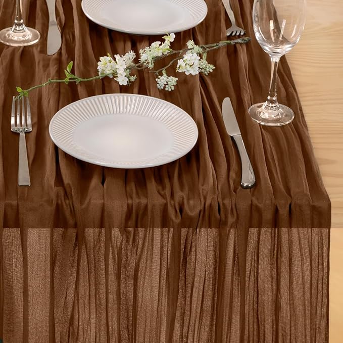 MLMC 3 Pack Brown Table Runner 10ft Boho Rustic Gauze Coffee Cheesecloth Table Runner Neutral Cheese Cloth Table Decor 35x120 Inches for Wedding Bridal Shower Reception Party Decor