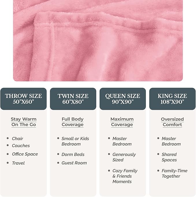 Casa Platino Queen Size Blanket – Pink Lightweight Fleece Throw for Bed or Sofa – Soft & Cozy Flannel 90x90 Blanket for Women, Teens or Dorms