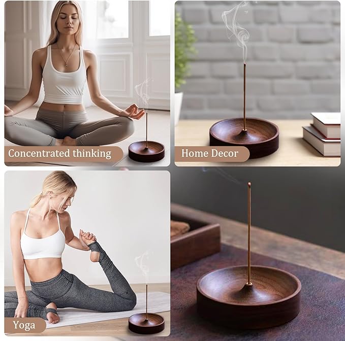 Incense Holder,Black Walnut Hand - Crafted Round Burner for Sticks with Ash Catcher,Perfect for Relaxation at Home, Yoga,Spa & as a Gift