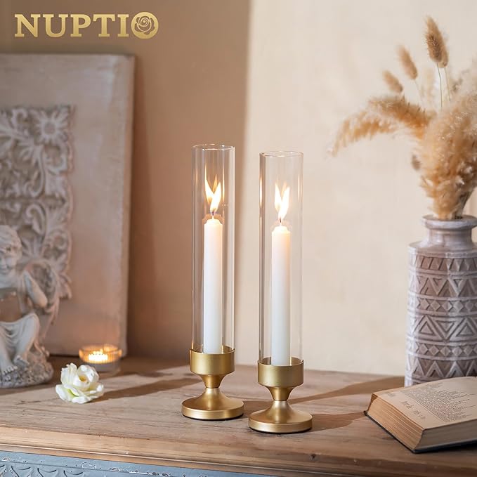 NUPTIO Hurricane Candle Holder for Centerpiece: Set of 2 Metal Taper Candle Holders with Glass Cylinders - Gold Candlestick Holders for Birthday Valentine Dinner Table Decor