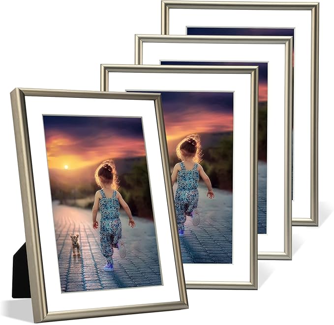 4x6 Picture Frame Set of 4, Matted Champagne Simple Modern Brushed Thin Aluminum Metal Photo Frame Fits 3x5 with Mat or 4 x 6 without Mat Vertical and Horizontal for Tabletop and Wall Mounting