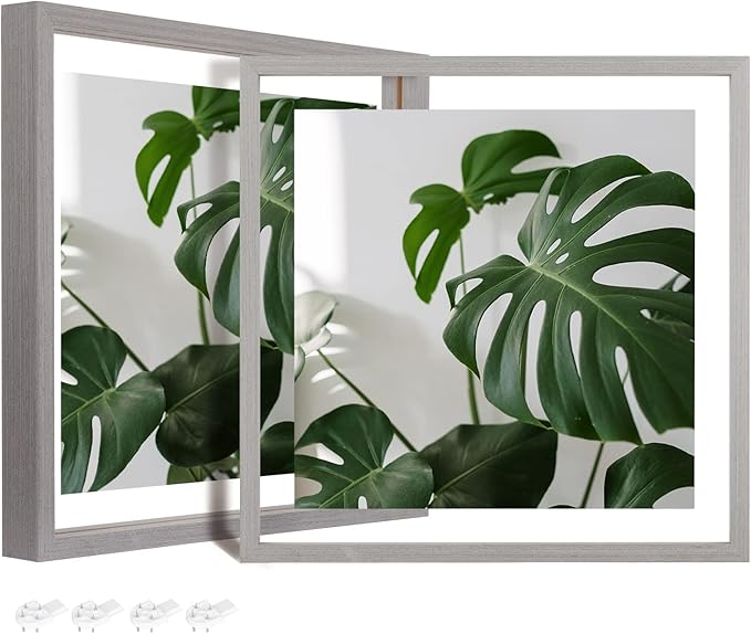 Egofine 12x12 Floating Frames Set of 2, Double Plexiglass Picture Frame, Made of Solid Wood Display Any Size Photos up to 12x12, Wall Mount or Tabletop Standing, Light Grey