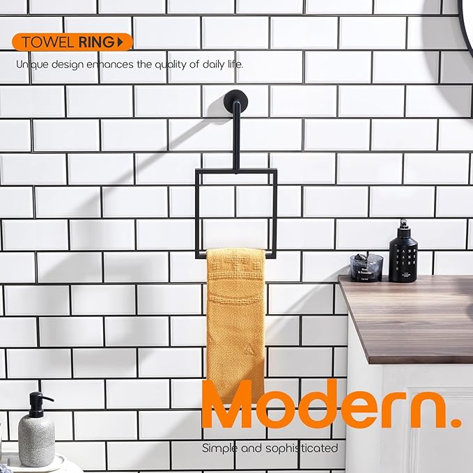 Towel Rack Black Hand Towel Ring Holder for Bathroom Wall Mount Stainless Steel Towels Hanger for Bathroom and Kitchen Decor, AN3005MB