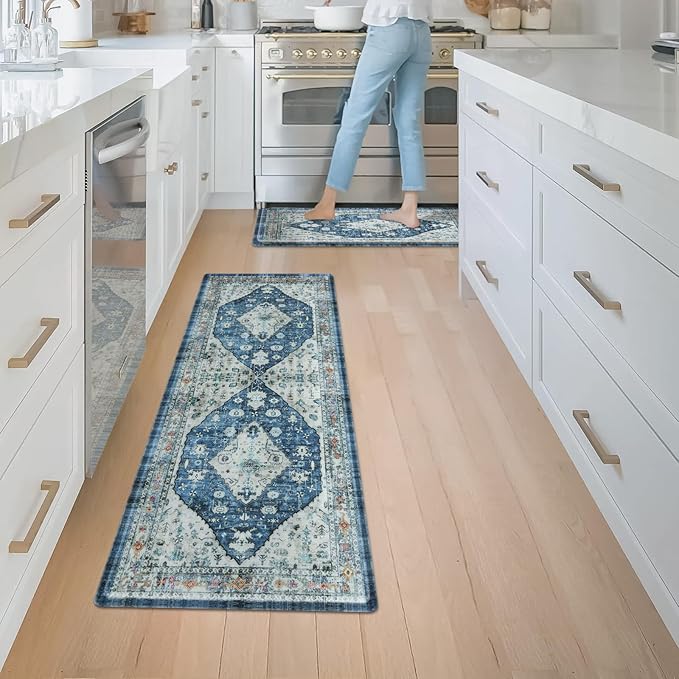 Collive Boho Kitchen Rugs Set of 2 Non Skid Kitchen Mats for Floor Cushioned Anti Fatigue Kitchen Floor Mats Waterproof Comfort Heavy Duty Foam Mats for Standing Desk Sink Laundry, 17"x30"+17"x47"