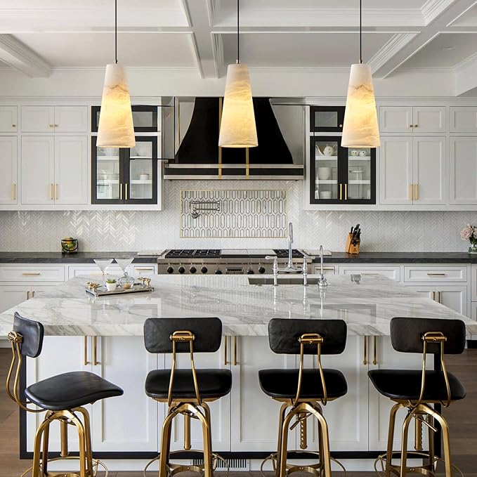 Alabaster Pendant Lights Kitchen Island,White Pendant Light, Marble Shade Brass Cone Lighting Fixtures for Bedroom Bathroom Dining Room Living Room H-10in (Bulbs INCL)