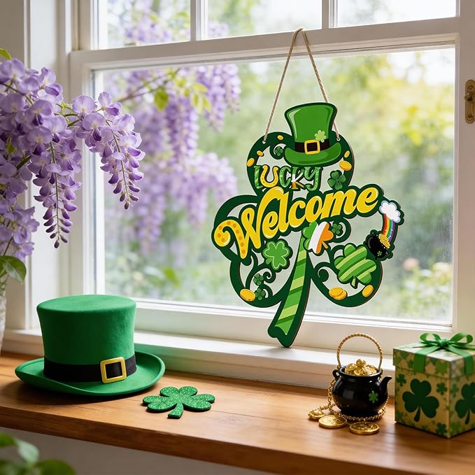 St Patricks Day Wreaths for Front Door - Hollow Wooden Shamrock Wreath, Irish Spring Hanging Welcome Door Sign, Saint Patricks Day Decorations for Holiday Outdoor Indoor Party Wall Home