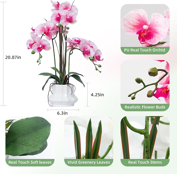 CXGS Artificial Orchid Flower Plant 20.9'' Realistic Latex Faux Orchids in Ceramic Vase Light Pink Fake Phalaenopsis Flower Arrangement Orchids with Spotted Stems for Centerpiece Table Home Decor