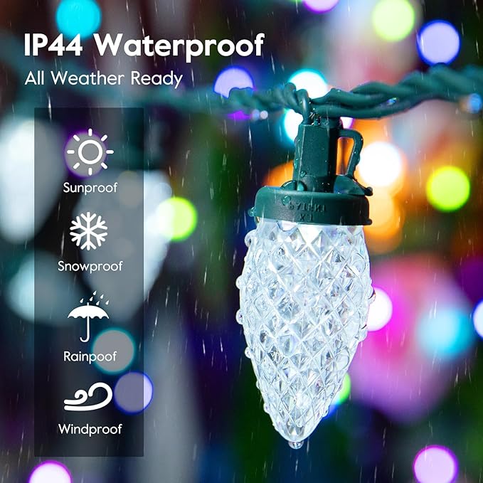 Brightown 2 Pack Blue and White C9 LED Christmas String Lights - 33ft 50 LED Waterproof Strawberry String Lights, Plug-in Extendable Green Wire Lights String for Outdoor Indoor Patio Party Decoration