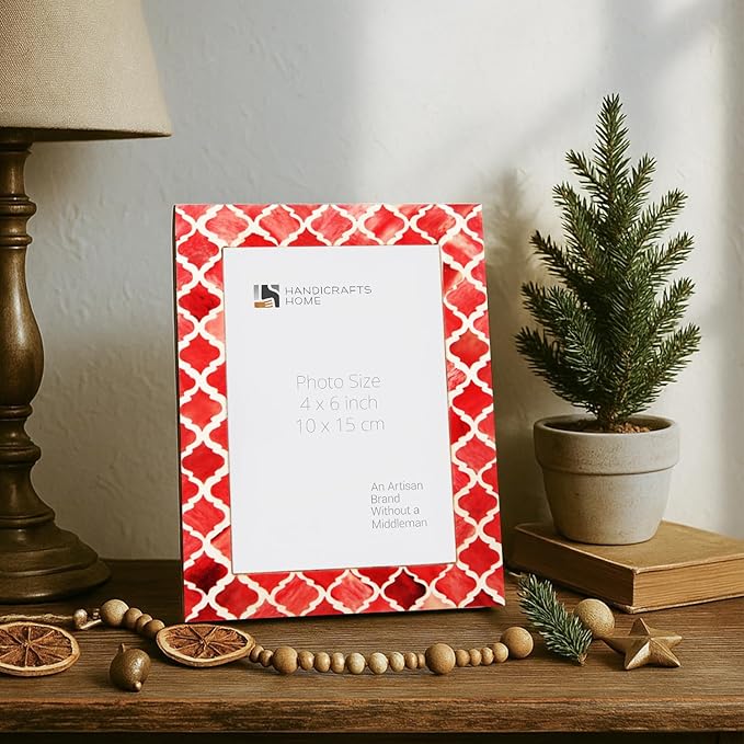 Handicrafts Home Handmade Decorative 4x6 Picture Frame | Unique Boho Chic Home Decor | Moroccan Art Inspired Red Photo Frame for Wall & Tabletop, Colorful Frames for Living Room, Office Decor & Gift